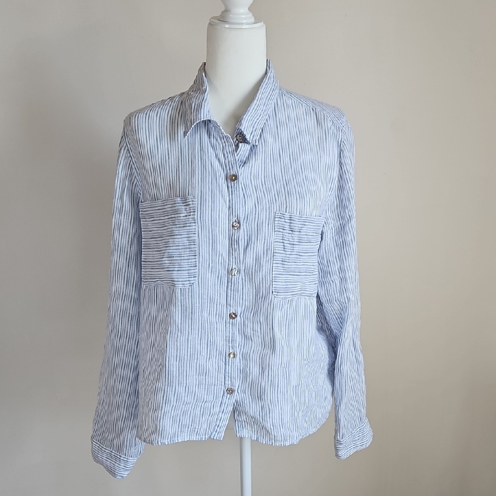 Rachel Zoe LG Linen Button Up Blue Striped Coastal Nautical Casual Beachy